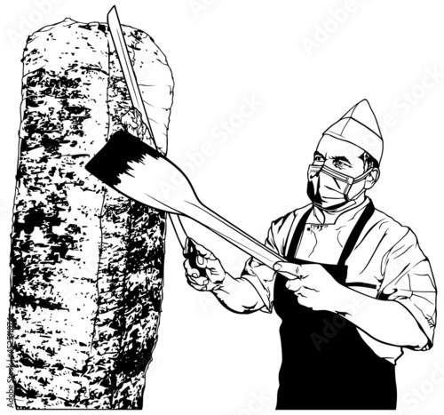 Cook Preparing a Turkish Doner Kebab - Black and White Illustration Isolated on White Background, Vector