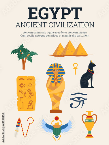 Egyptian ancient civilization art banner or poster, flat vector illustration.