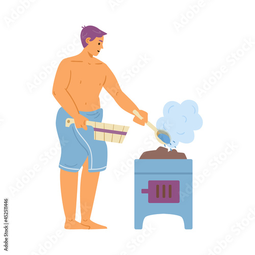 Man in sauna or steam room pouring water on stove, vector illustration isolated.