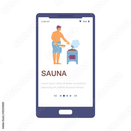 Onboarding screen with man in sauna or steam room, flat vector illustration.