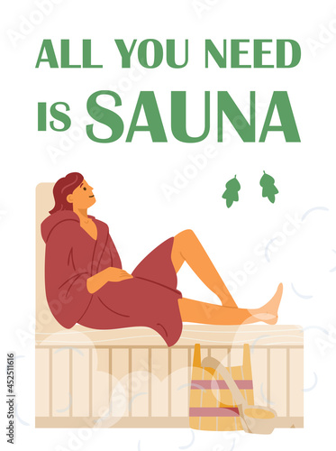 Banner with woman relaxing in sauna or steam bath, flat vector illustration.
