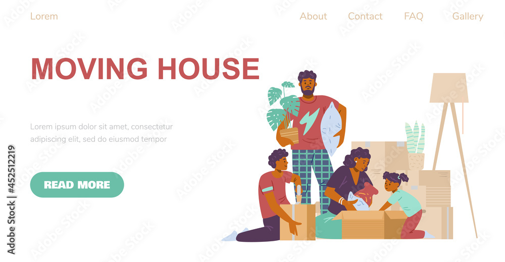 Vector design of web app for relocation services of family at new home