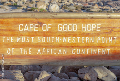 Cape of Good Hope the south-western most point of the African continent - an inscription on  wooden shield on the shore of the cape near the water.