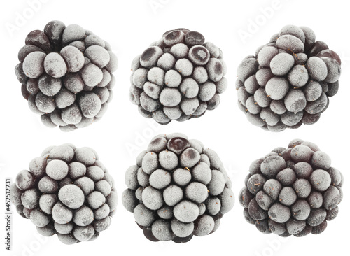 set of frozen blackberries isolated on white background