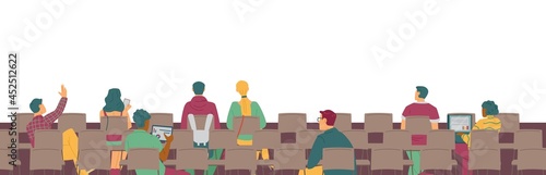 Rear view of people in presentation room, flat vector illustration isolated.