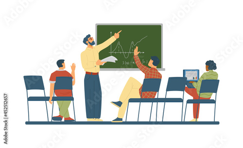 Rear view on back of students sitting on chairs and listening of male professor.