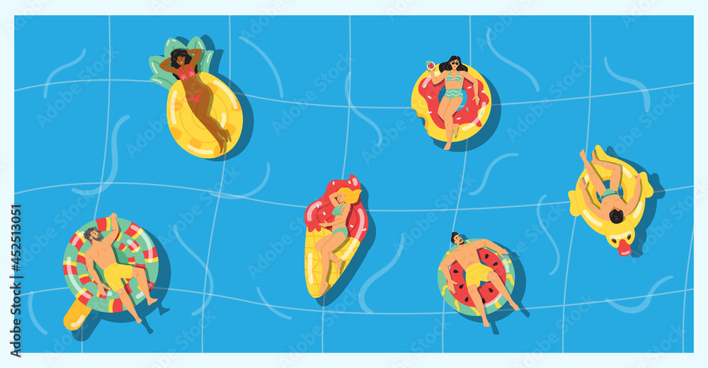 Summer banner with people floating on lifebuoys, flat vector illustration.