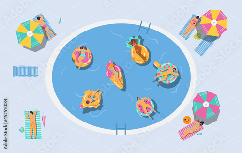 Vector background with people sunbathing and floating in swimming pool