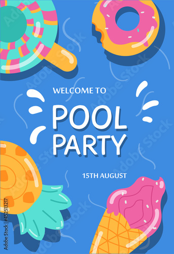 Summer pool party banner or invitation with lifebuoys, flat vector illustration.