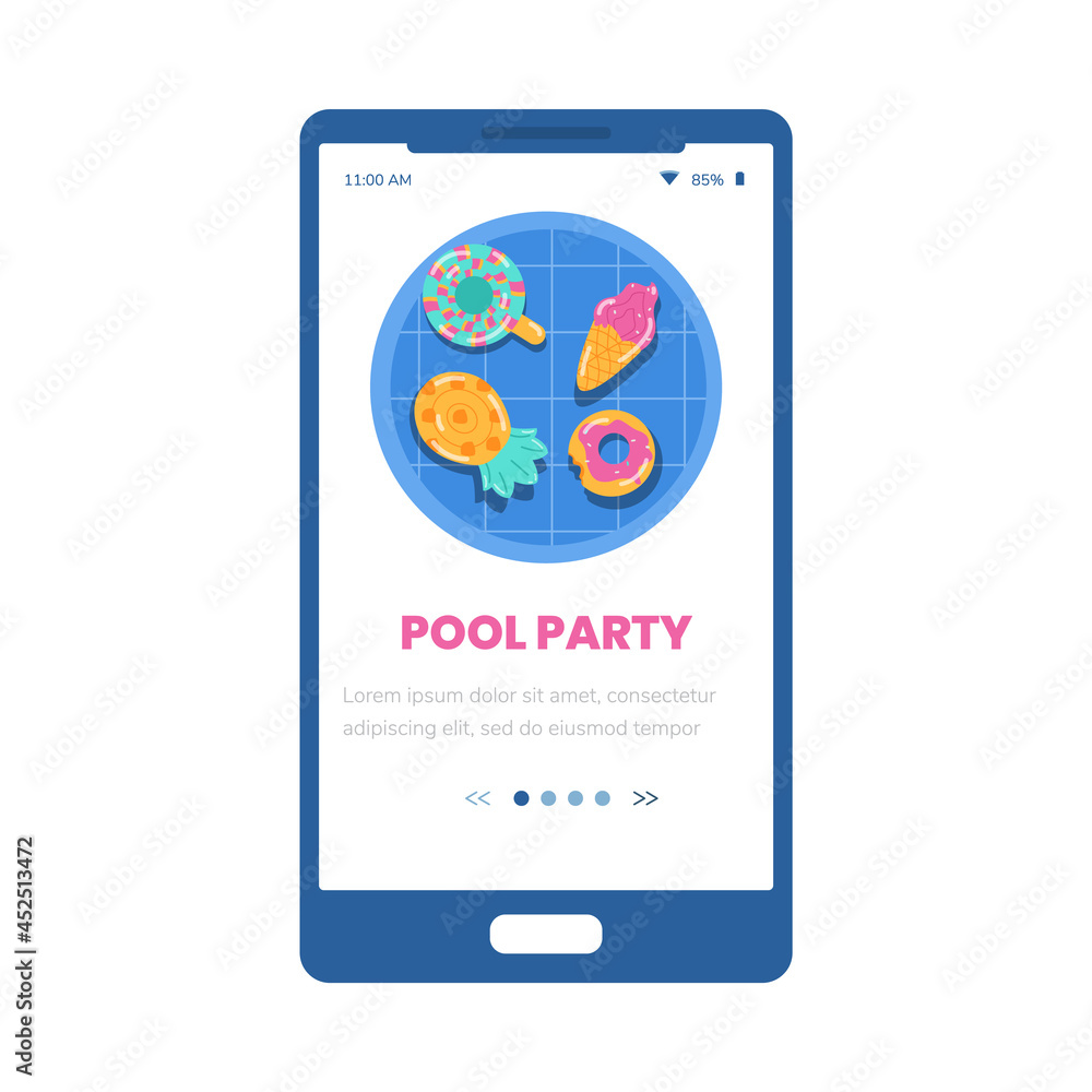 Pool party onboarding mobile phone page interface, flat vector illustration. Pool party onboarding mobile phone page interface, flat vector illustration.