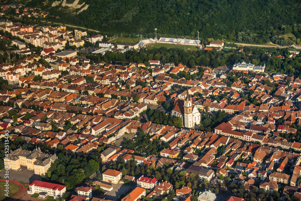 ROMANIA Bistrita Panoramic aerial view and Evangelical Church, august 2020