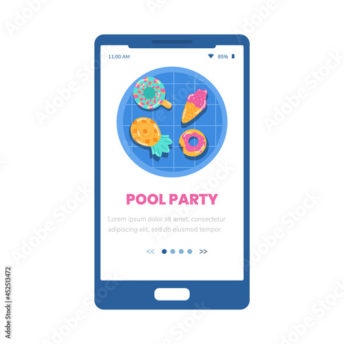 Pool party onboarding mobile phone page interface, flat vector illustration.