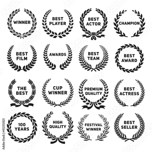 Award wreaths. Cinema premiere, public winning in movie nomination. Laurel branches wreath, business, sport, entertainments tidy vector logos