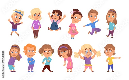 Emotional kids. Cartoon children, teenager laughing and sad. Happy emotion on face, smile or cry boy and girl, little kid decent vector characters