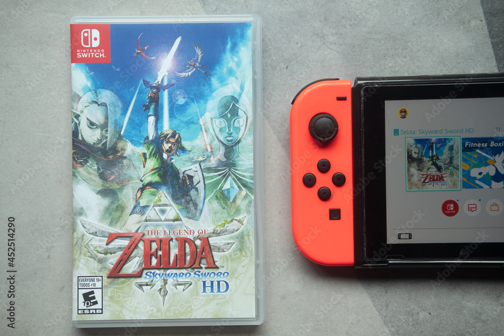 Samut Prakan, Thailand - August 23, 2021 : Nintendo Switch gaming console  with the Legend of Zelda: Skyward Sword game, new version in 2021 Stock  Photo | Adobe Stock