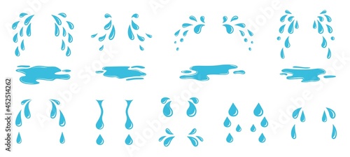 Cartoon tears. Flat water drops, drop of sweating or crying. Isolated blue rain elements, droplet and puddle. Despair emotions exact vector set