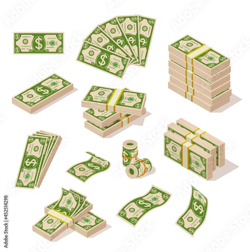 Cartoon bills money. Dollar cash, abundance dollars in pile and fan. Banknote stack, banking or prosperous business. Currency exact vector set