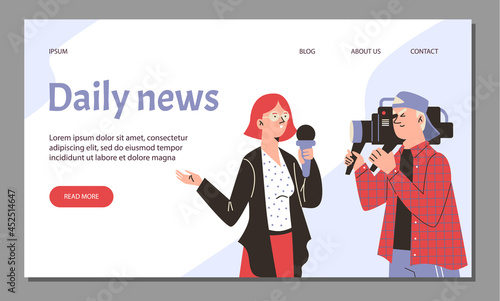 Web banner with female reporter and cameraman live broadcasting tv daily news.