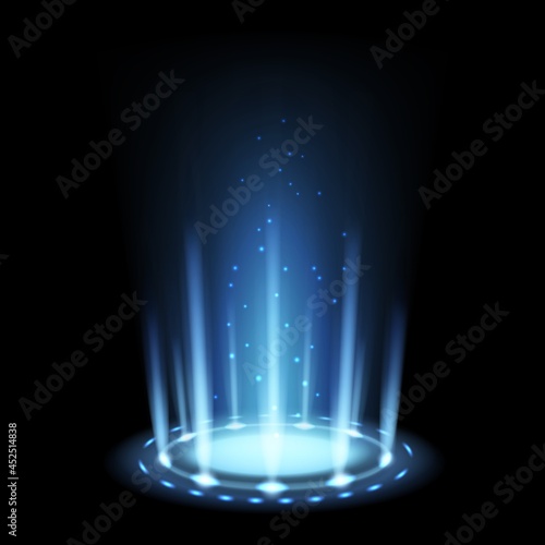 Portal magic. Realistic light effect with blue beam and glowing particles. 3D futuristic teleport funnel. Isolated circles and luminous rays. Teleportation stand. Vector illustration