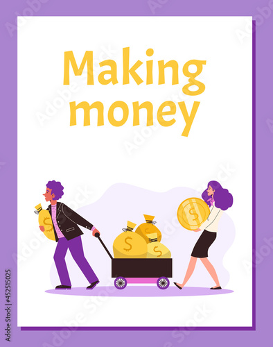 Businessman pulling cart with money sacks and businesswoman carry huge gold coin
