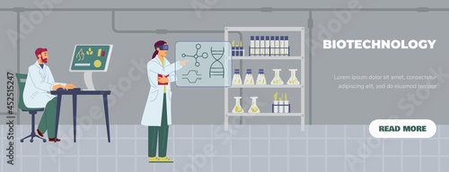 Biotechnology laboratory with working scientists, flat vector illustration.