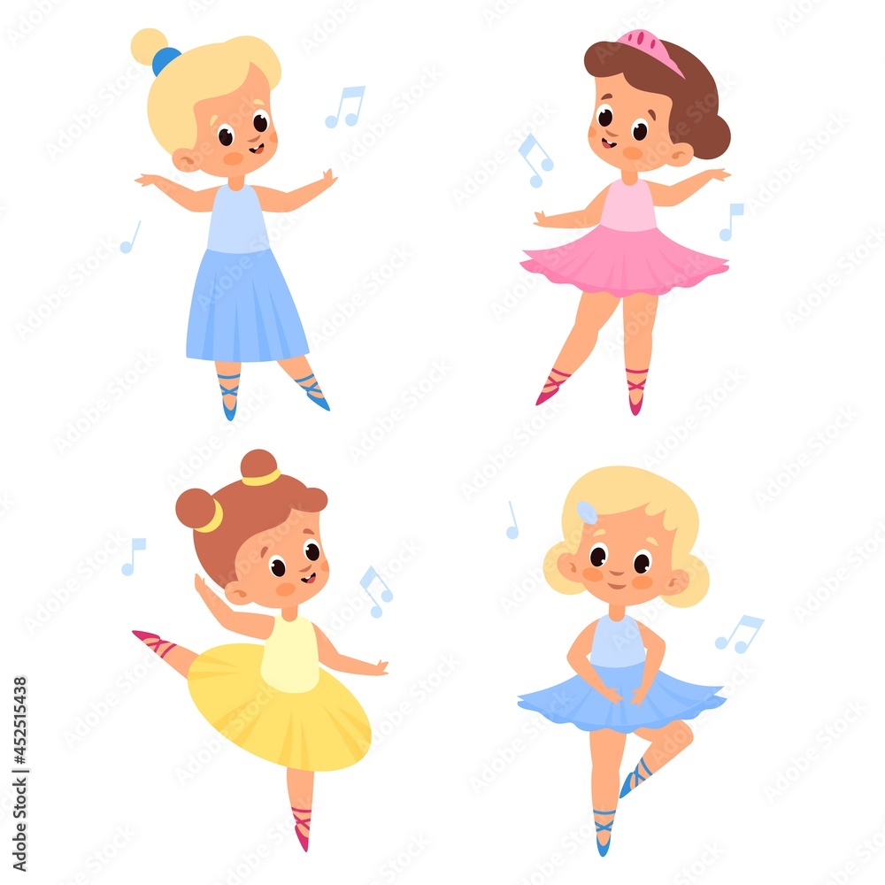 Girls cute. Beauty kids ballerinas in tutus and pointe shoes, young ballet dancers in different poses, romantic characters, dancing children in choreographic position. Vector set