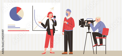 Journalist with microphone take interview man in front of camera at tv studio.