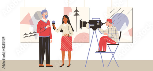 Journalist interviews an artist in art gallery, flat vector illustration.