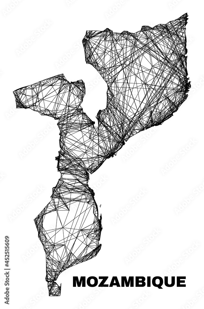 Wire frame irregular mesh Mozambique map. Abstract lines form Mozambique map. Wire carcass flat net in vector format. Vector structure is created for Mozambique map using intersected random lines.
