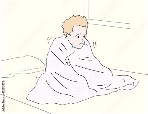 Man suffering from flu in bed under blanket. He has fever and take thermometer in mouth. Hand drawn style vector design illustration