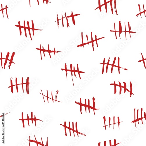 Seamless pattern tally marks. Red bloody hand drawn strokes, sketchy waiting days count, crossed out rough lines background. Decor textile, wrapping paper wallpaper vector print or fabric