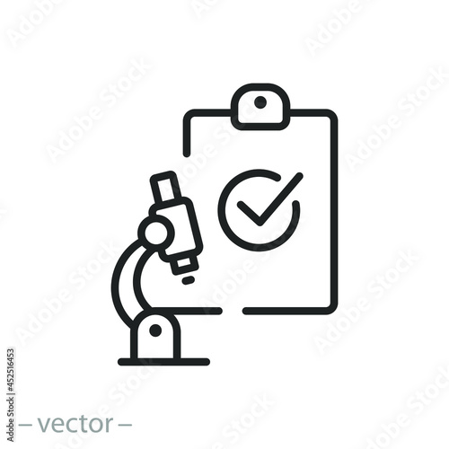 clinical analysis check icon, scientific laboratory, medical control or proven experiment, quality lab test, chemistry exam, thin line symbol on white background - editable stroke vector illustration