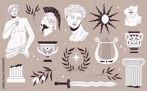 Antique sculptures. Traditional greek style monuments and art objects, gypsum and marble elements, statues portrait, busts and statues. Olive branch, harp and sword. Vector isolated set photo