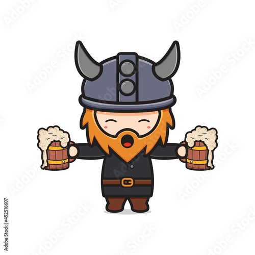 Cute viking holding beer celebrate oktoberfest cartoon icon illustration