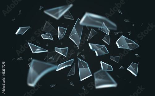 Scattered glass shatters. Realistic explosion flying sharp particles, broken transparent fragments, different 3D pieces. Damaged window backdrop, Vector isolated on black background concept
