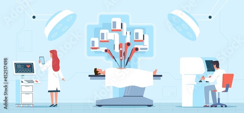 Robotic surgery. Medical operation process, surgical table with patient, doctors use remote controllers, mechanical hands. Futuristic healthcare vector cartoon horizontal concept