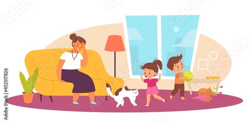 Naughty children in living room. Tired mother, hyperactive kids, stressed parent and little crushers, chaos and mess indoor, family communicate. Motherhood and childhood vector concept