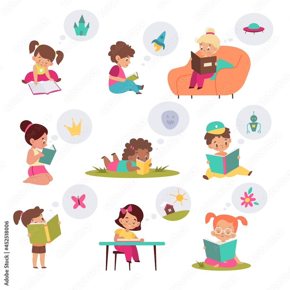 Children with books. Reading kids, imagination developing with fairy tales help, curious girls and boys, preschool characters. Entertainment and educational literature vector isolated set Children with books. Reading kids, imagination developing with fairy tales help, curious girls and boys, preschool characters. Entertainment and educational literature vector isolated set