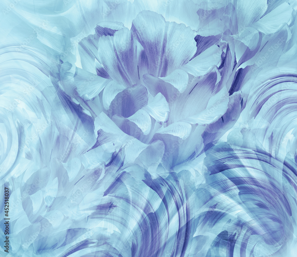 Blue tulips.  Flowers and petals  on blue  background.  Closeup.  Nature.