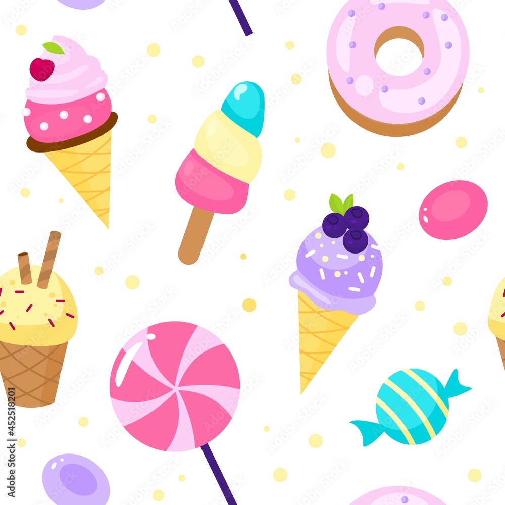 Seamless pattern sweets. Cartoon style candies and ice cream background dessert, lollipop and donut, pink colour girly decor. Decor textile, wrapping paper wallpaper vector print Seamless pattern sweets. Cartoon style candies and ice cream background dessert, lollipop and donut, pink colour girly decor. Decor textile, wrapping paper wallpaper vector print