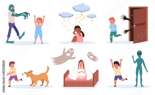 Children fears. Little kids phobias. Cartoon boys or girls with scared emotions and horror causes. Babies afraid of fictional monsters or zombies, ghosts and dogs. Vector frights set