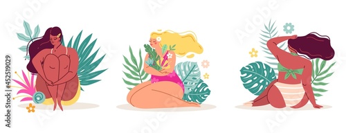 Body positive ladies. Women in flowers sitting in beautiful tropical leaves and plants, happy girls in bikinis, spring summer seasons. Young sexy girls, vector cartoon flat isolated set