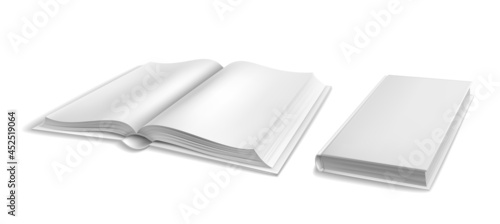 Book templates. Books blank cover open, closed covers empty textbook or magazine, white sheets hardcover catalog mockup. Perspective view, library or bookstore vector isolated illustration