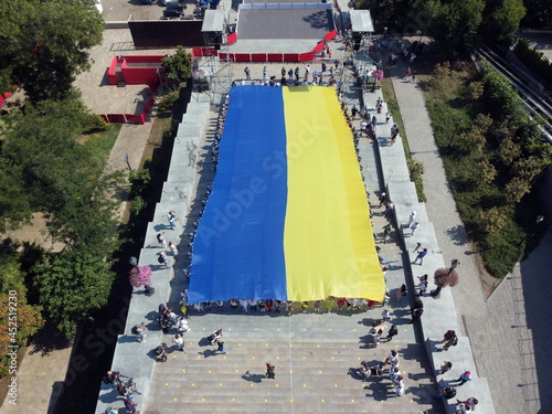 Activists carry a large flag of Ukraine along the Potemkin Stairs. Photo taken from a drone