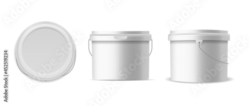 Buckets plastic. 3D template construction and food containers, white bucket for different products mockup. Closed clean pack with lid and handle side and top view vector realistic isolated set