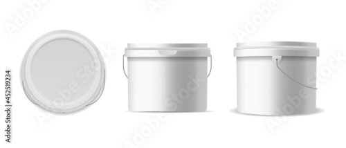 Buckets plastic. 3D template construction and food containers, white bucket for different products mockup. Closed clean pack with lid and handle side and top view vector realistic isolated set