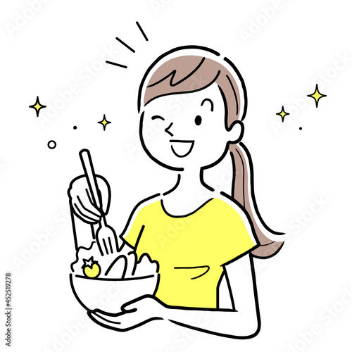 ベクターイラスト素材：サラダを食べる若い女性

