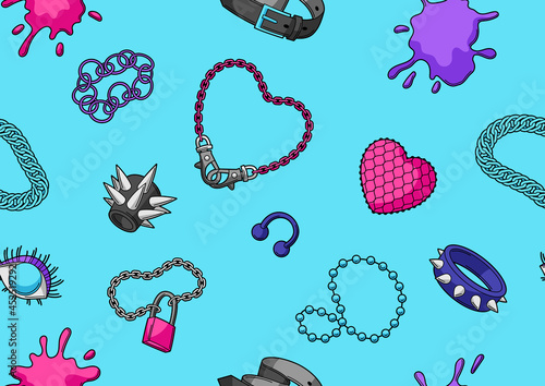 Seamless pattern with youth subculture symbols. Teenage creative illustration. Fashion necklaces in cartoon style.