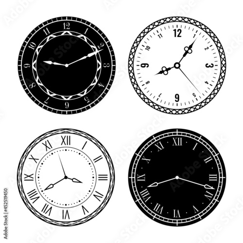 Clock faces. Elegant design parts watches with roman and arabic numerals, carved clock hands on white and black dial, ornamental frames. Stylized interior decor, vector isolated set