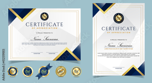 Certificate of appreciation template, gold and blue color. Clean modern certificate with gold badge. Certificate border template with luxury and modern line pattern. Diploma vector template. EPS 10